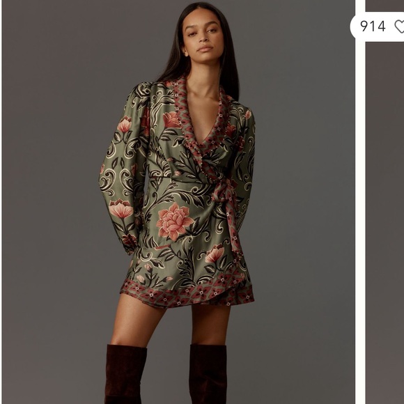 FARM RIO ANTHROPOLOGIE NWT Arabesque Long Sleeve Wrap Mini Dress XS Floral Print - Picture 3 of 12